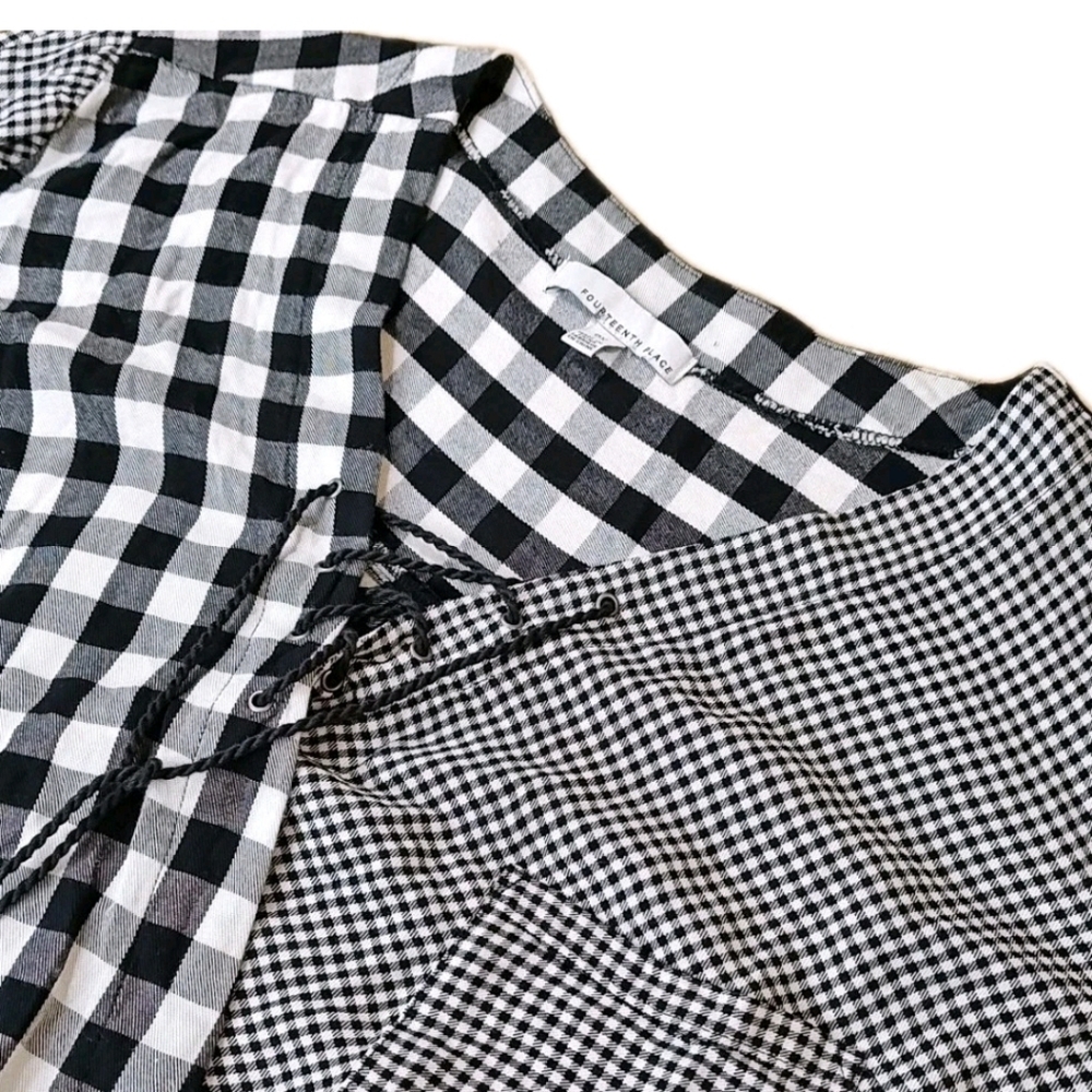 Fourteen Place Tasseled Tie Wrap Shirt Woman XL Black Patchwork Plaid Preppy New - Picture 9 of 13